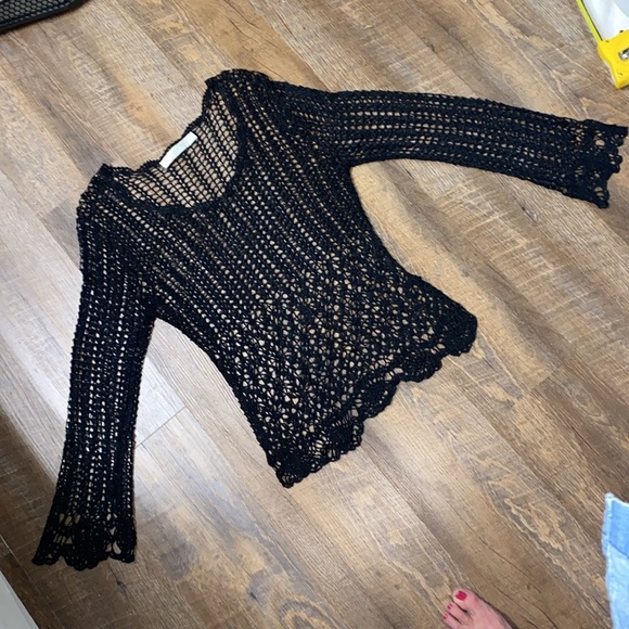 BETTE PAIGE DAISY CROCHET OPEN KNIT BELL SLEEVES WITCHY COVER UP WHIMSICAL VNTG - Picture 7 of 11